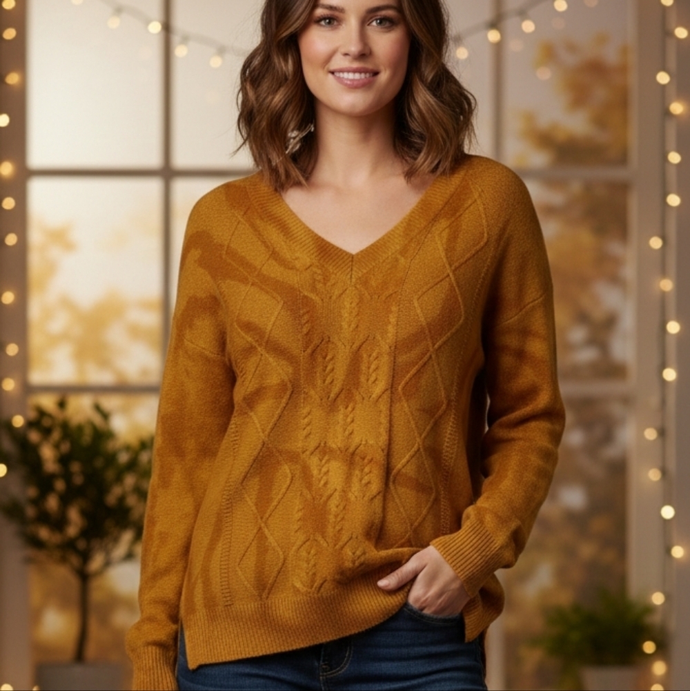 👗Final Sale V-Neck Sweater Women's Medium Mustard Cable Knit Swirl Cottage core